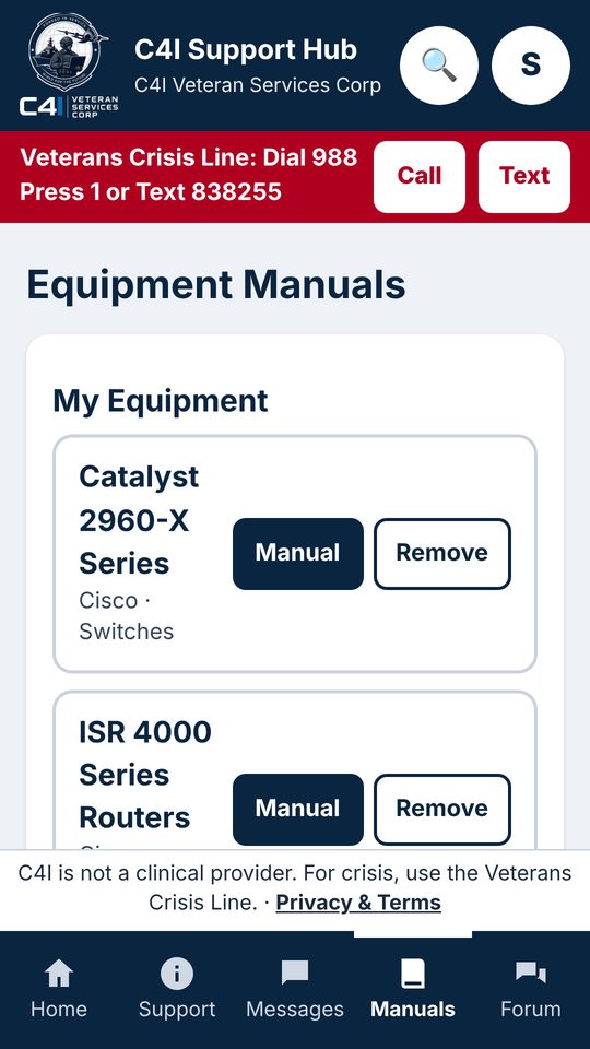 Equipment manuals screen