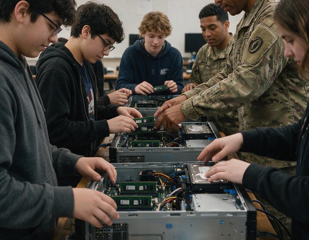 Illustration of a Youth Tech session: six young people and two veteran instructors standing around a table with a retired enterprise server opened up, handling memory modules and hard drives.