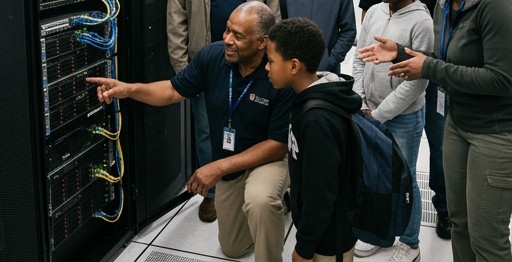 Illustration of a veteran instructor kneeling at an open network rack, pointing out the cabling to a young person standing beside him while others watch.